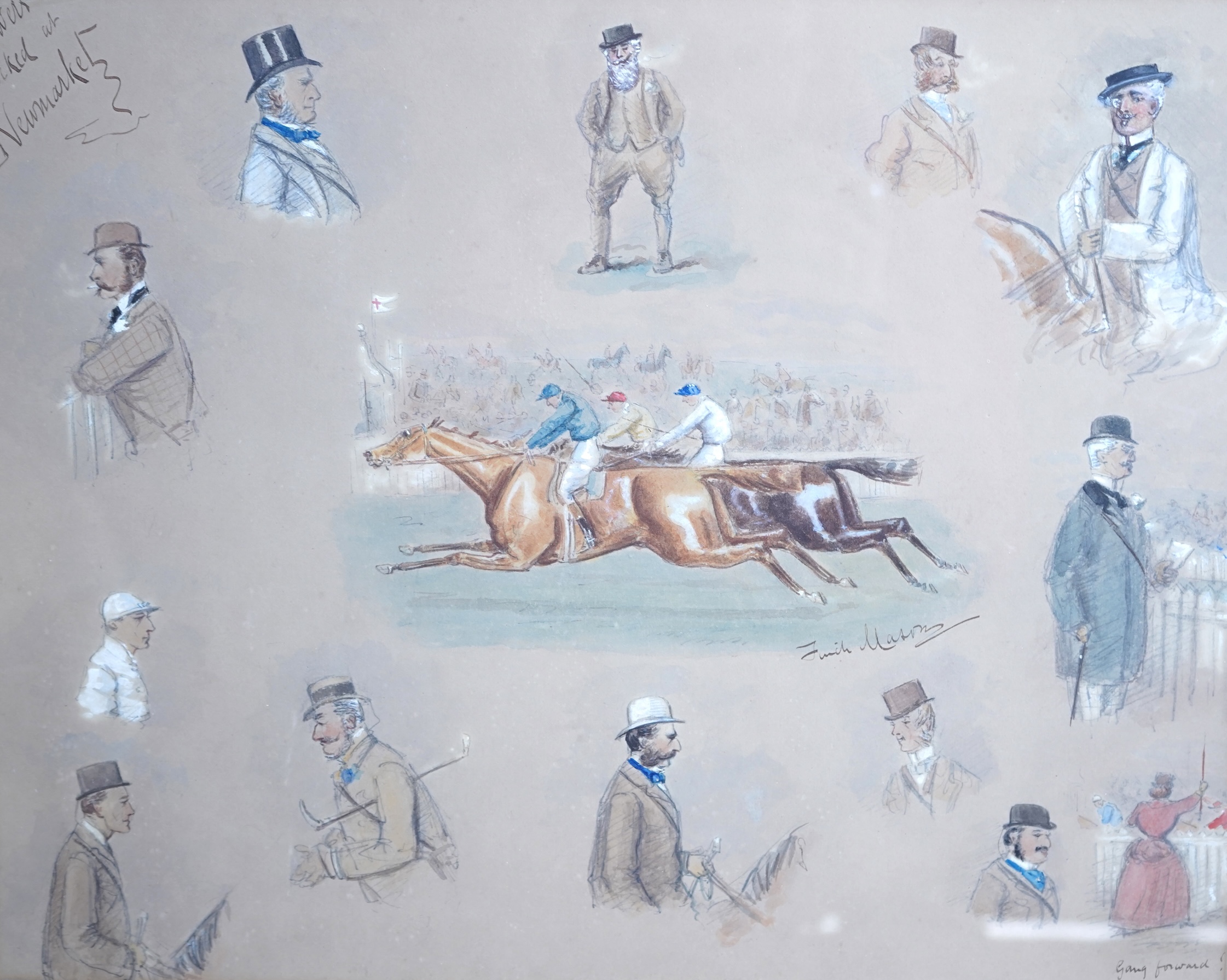 George Finch Mason (1850-1915), ‘Sandown Park, July 27 1888’, ‘The open ditch Grand National Hunt Committee’ and ‘Flowers plucked at Newmarket’, three watercolours, each is signed, largest 30 x 36cm